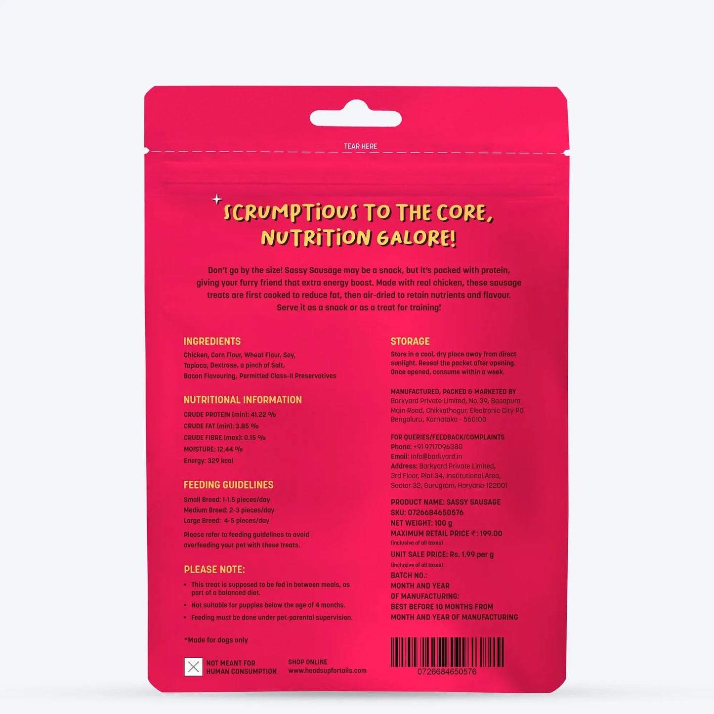 Heads Up For Tails Sassy Sausage Dog Treats with Real Chicken Air-Dried (Bacon) - 100 G | Healthy Snacks for Puppies & Adult Dogs | Training Treats for Small Dogs & Puppies | Pet Treats Heads Up For Tails