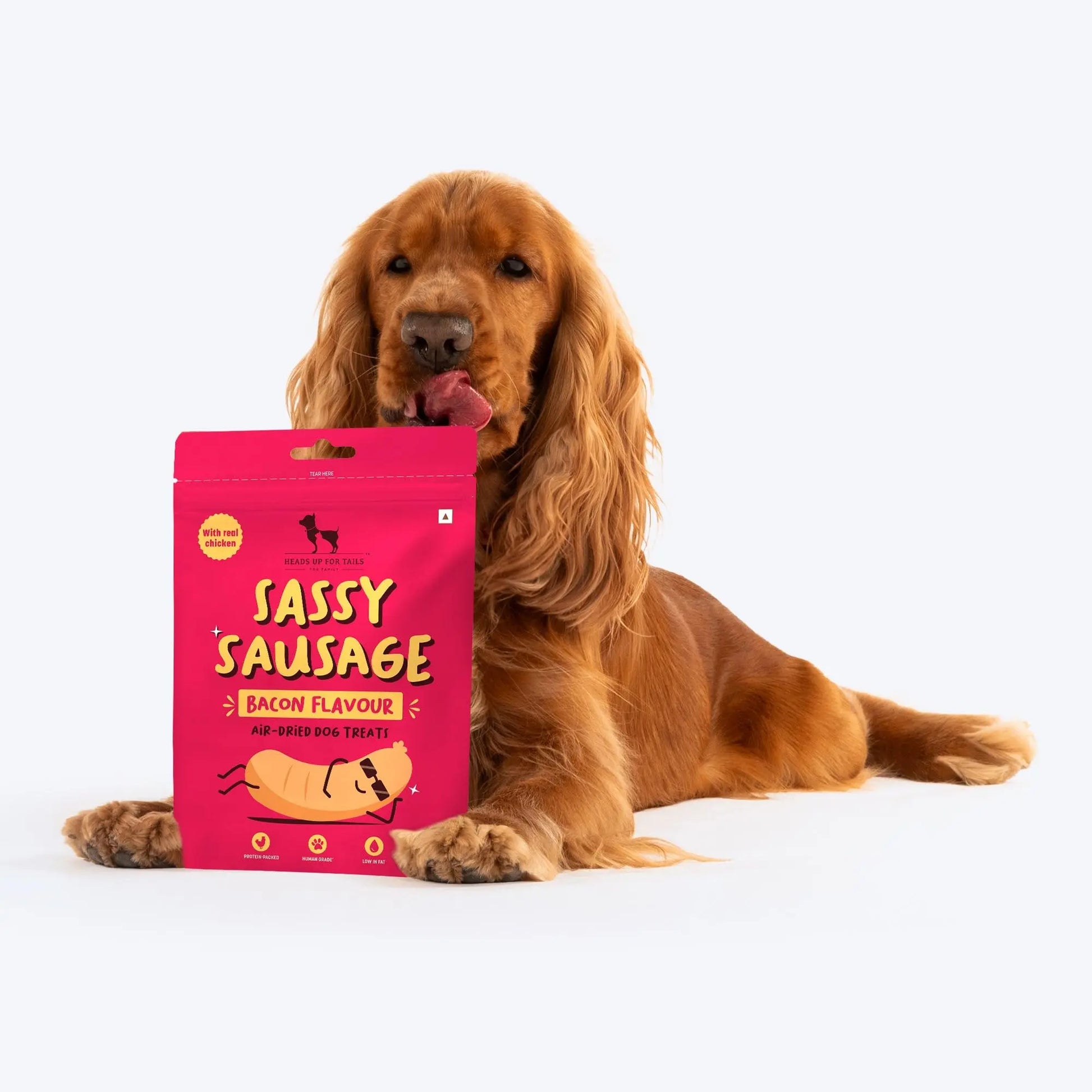 Heads Up For Tails Sassy Sausage Dog Treats with Real Chicken Air-Dried (Bacon) - 100 G | Healthy Snacks for Puppies & Adult Dogs | Training Treats for Small Dogs & Puppies | Pet Treats Heads Up For Tails