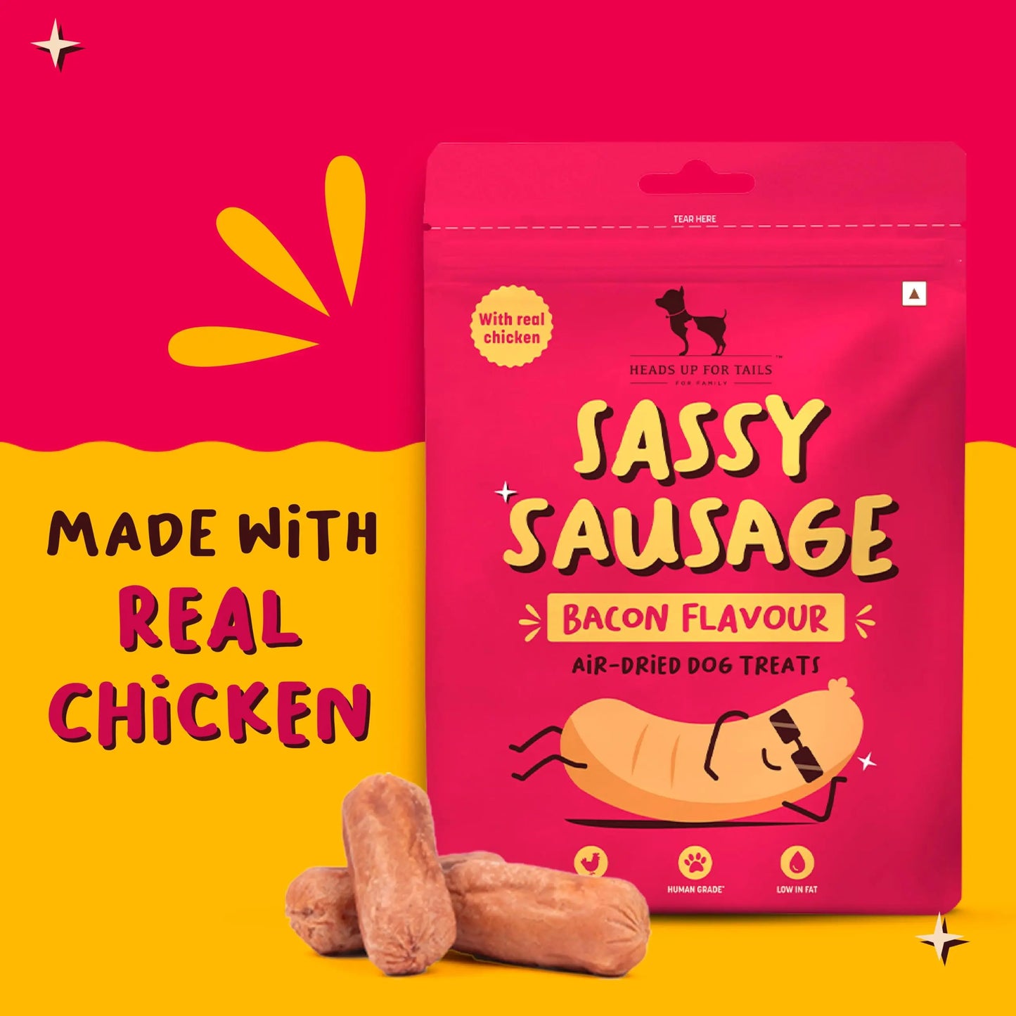 Heads Up For Tails Sassy Sausage Dog Treats with Real Chicken Air-Dried (Bacon) - 100 G | Healthy Snacks for Puppies & Adult Dogs | Training Treats for Small Dogs & Puppies | Pet Treats Heads Up For Tails