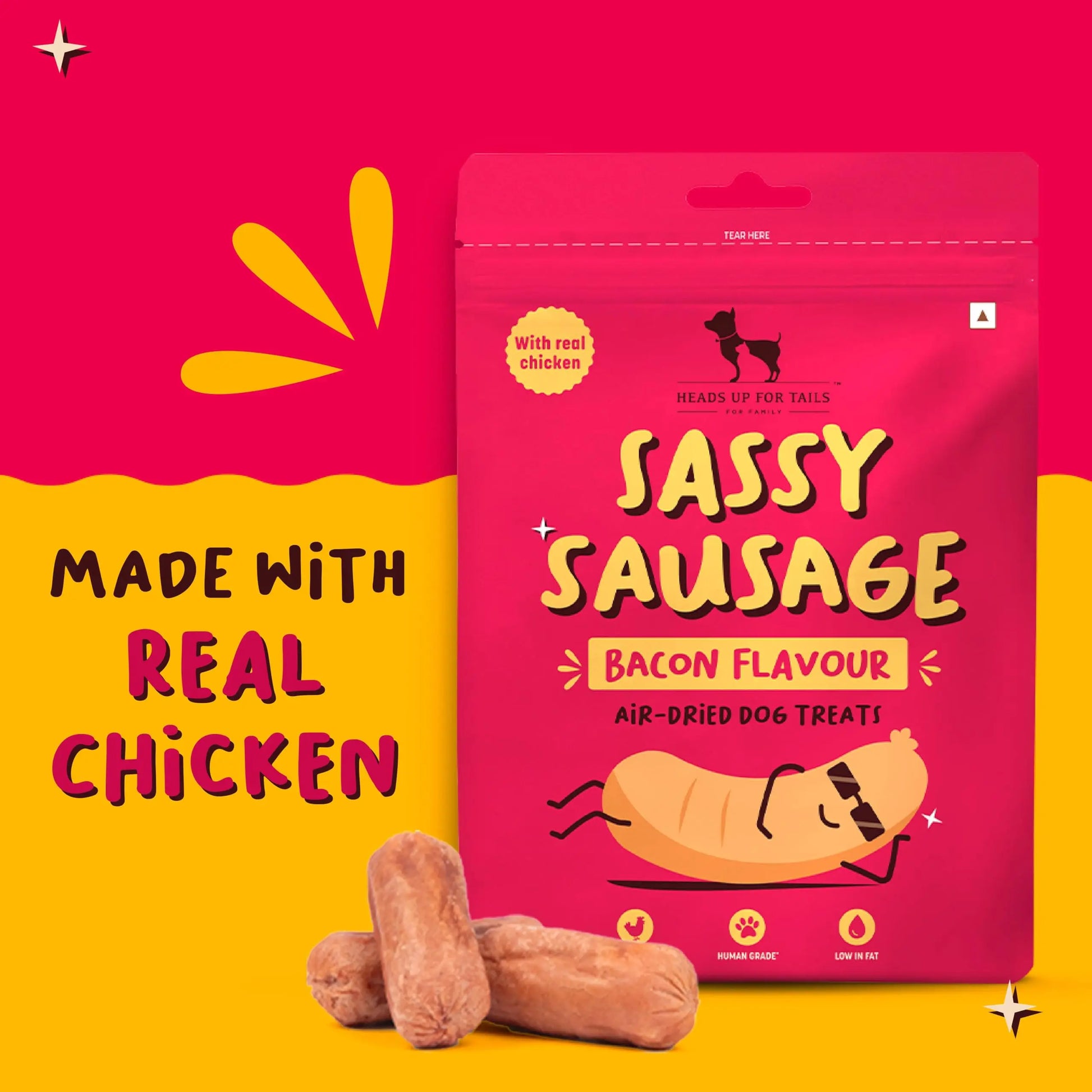 Heads Up For Tails Sassy Sausage Dog Treats with Real Chicken Air-Dried (Bacon) - 100 G | Healthy Snacks for Puppies & Adult Dogs | Training Treats for Small Dogs & Puppies | Pet Treats Heads Up For Tails