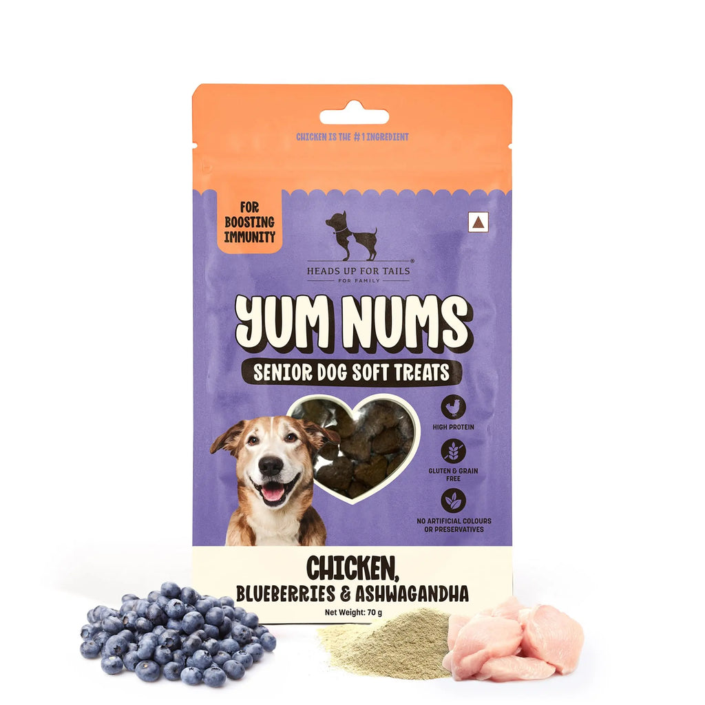 Heads Up For Tails Yum Nums Chicken,Blueberries & Ashwagandha Soft Treat for Senior Dog|High in Proteins|Gluten & Grain Free|Salt & Sugar Free|No Artificial Colours|Farm-Fresh - 70 Gm,Tablet Heads Up For Tails