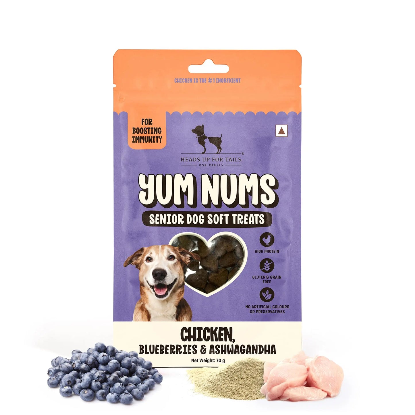 Heads Up For Tails Yum Nums Chicken,Blueberries & Ashwagandha Soft Treat for Senior Dog|High in Proteins|Gluten & Grain Free|Salt & Sugar Free|No Artificial Colours|Farm-Fresh - 70 Gm,Tablet Heads Up For Tails