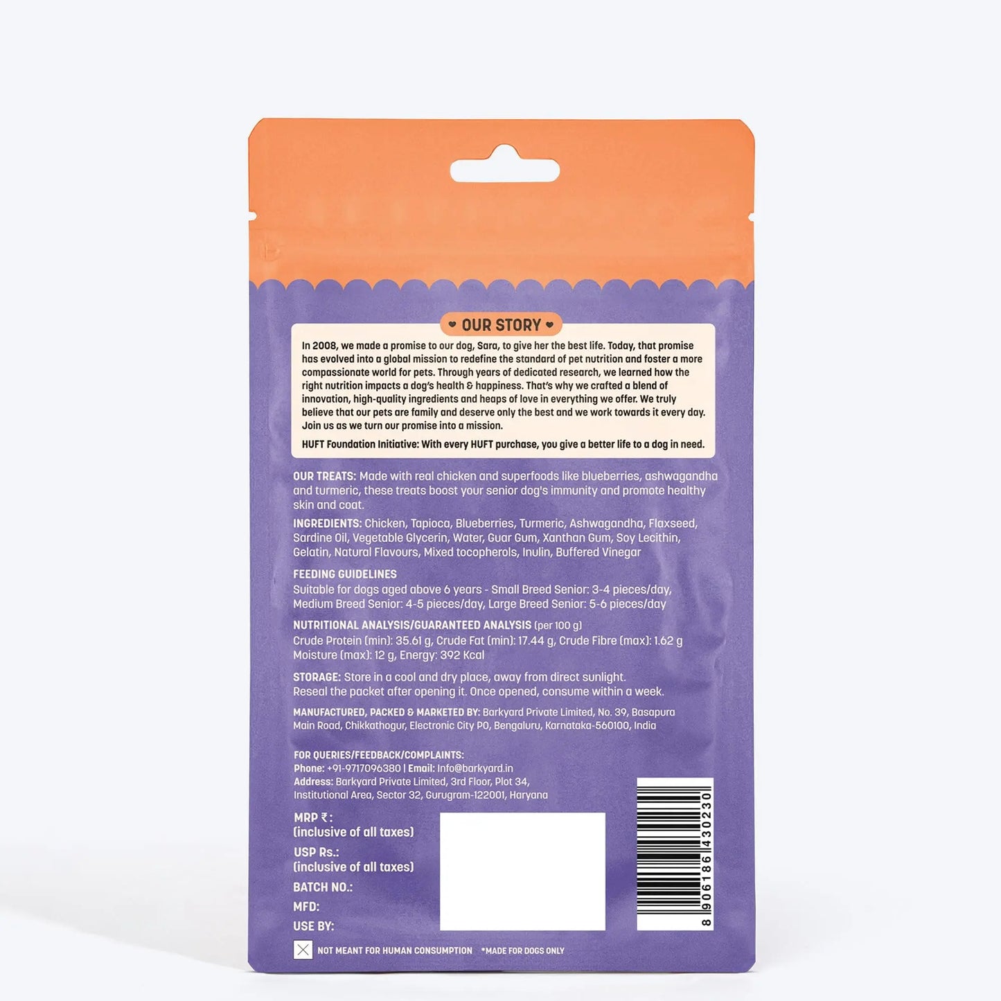 Heads Up For Tails Yum Nums Chicken,Blueberries & Ashwagandha Soft Treat for Senior Dog|High in Proteins|Gluten & Grain Free|Salt & Sugar Free|No Artificial Colours|Farm-Fresh - 70 Gm,Tablet Heads Up For Tails
