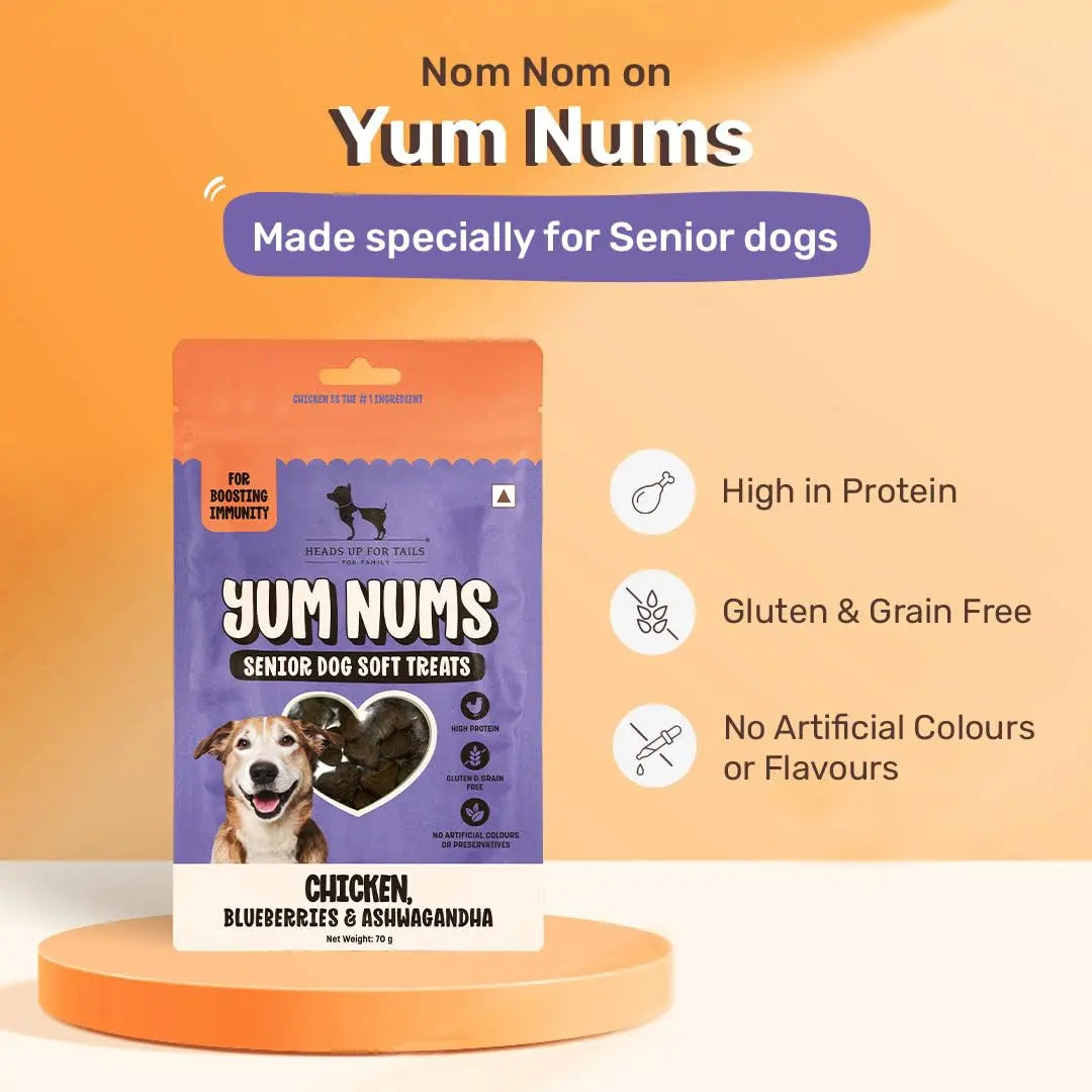 Heads Up For Tails Yum Nums Chicken,Blueberries & Ashwagandha Soft Treat for Senior Dog|High in Proteins|Gluten & Grain Free|Salt & Sugar Free|No Artificial Colours|Farm-Fresh - 70 Gm,Tablet Heads Up For Tails