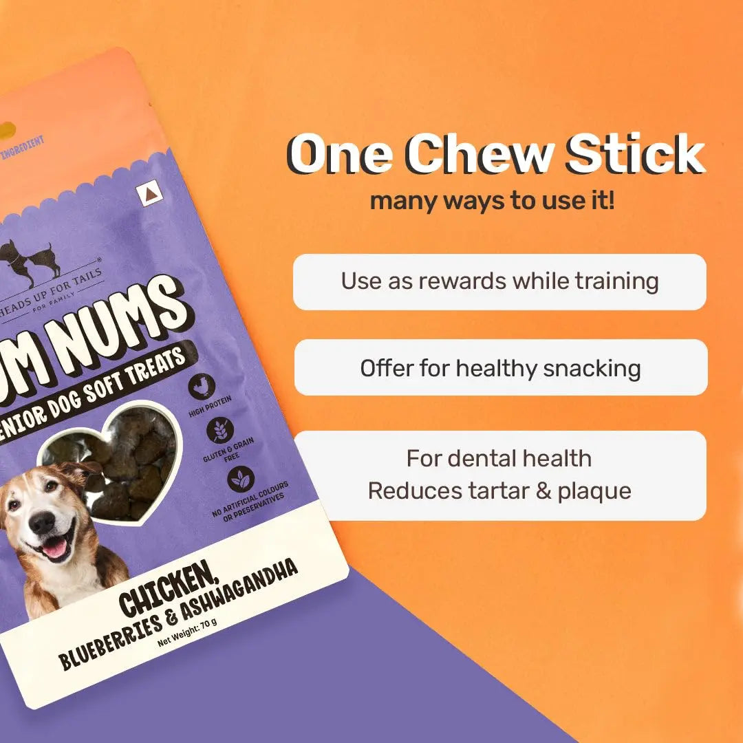 Heads Up For Tails Yum Nums Chicken,Blueberries & Ashwagandha Soft Treat for Senior Dog|High in Proteins|Gluten & Grain Free|Salt & Sugar Free|No Artificial Colours|Farm-Fresh - 70 Gm,Tablet Heads Up For Tails