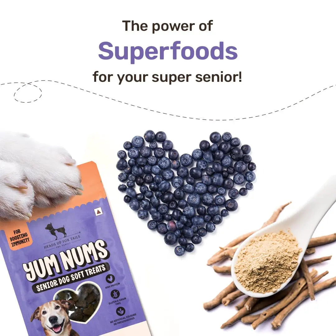 Heads Up For Tails Yum Nums Chicken,Blueberries & Ashwagandha Soft Treat for Senior Dog|High in Proteins|Gluten & Grain Free|Salt & Sugar Free|No Artificial Colours|Farm-Fresh - 70 Gm,Tablet Heads Up For Tails