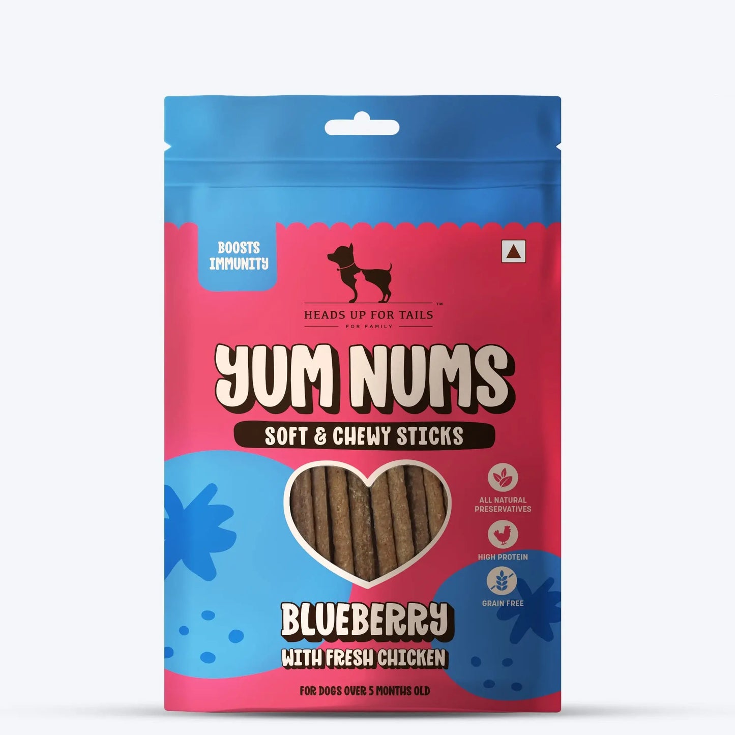Heads Up For Tails Yum Nums Soft & Chewy Sticks - Blueberry & Chicken - 75g | Dog Treats for Puppies & Adults | Training Treats | Healthy Dog Snacks | Puppy Treats for Small Dogs Heads Up For Tails