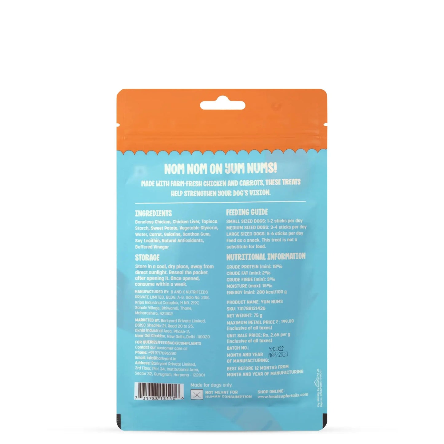 Heads Up For Tails Yum Nums Soft & Chewy Sticks - Carrot with Chicken | Dog & Puppy Treats | Training Treats for Small & Adult Dogs | High-Protein, Soft & Tasty Snacks - 75gm Heads Up For Tails