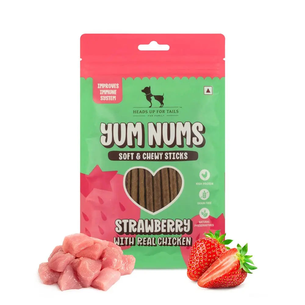 Heads Up For Tails Yum Nums Soft & Chewy Sticks - Strawberry & Chicken | Dog Treats for Puppy & Adult Dogs | Training Treats for Small Dogs | Dog Snacks & Treats | Healthy & Tasty - 75 Gm Heads Up For Tails