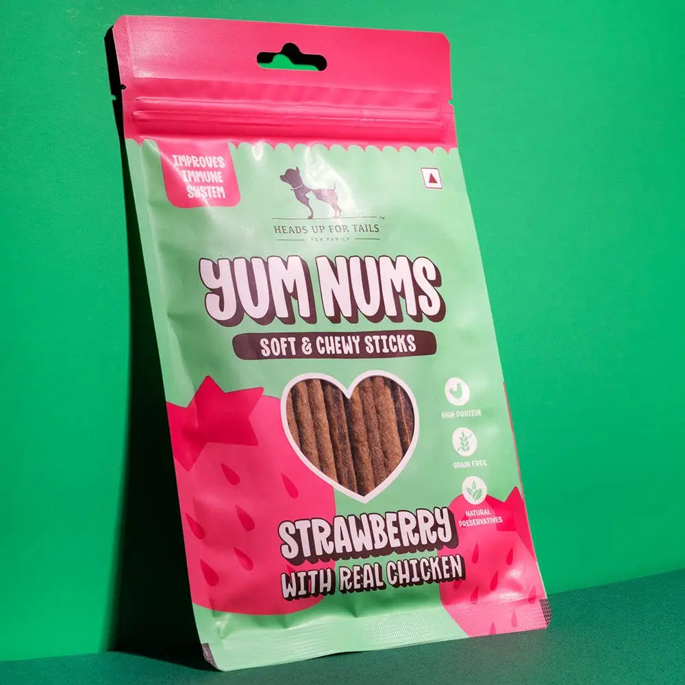 Heads Up For Tails Yum Nums Soft & Chewy Sticks - Strawberry & Chicken | Dog Treats for Puppy & Adult Dogs | Training Treats for Small Dogs | Dog Snacks & Treats | Healthy & Tasty - 75 Gm Heads Up For Tails