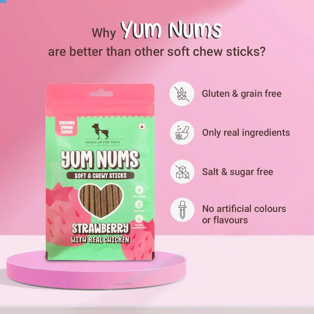 Heads Up For Tails Yum Nums Soft & Chewy Sticks - Strawberry & Chicken | Dog Treats for Puppy & Adult Dogs | Training Treats for Small Dogs | Dog Snacks & Treats | Healthy & Tasty - 75 Gm Heads Up For Tails