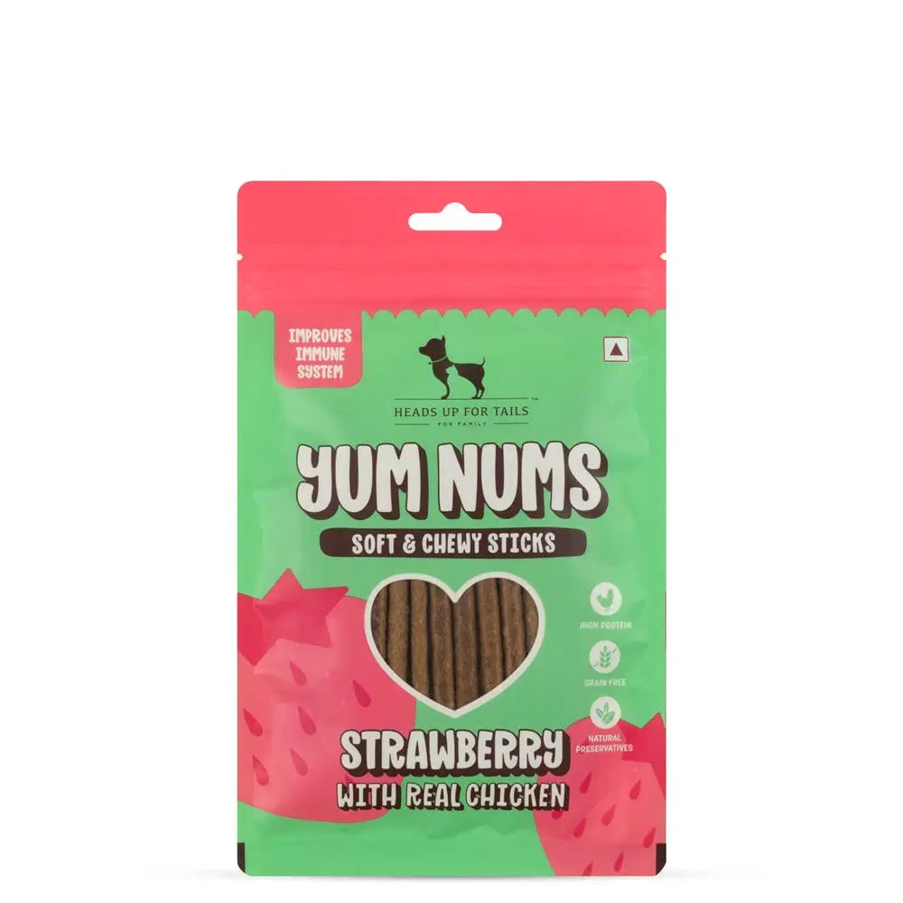 Heads Up For Tails Yum Nums Soft & Chewy Sticks - Strawberry & Chicken | Dog Treats for Puppy & Adult Dogs | Training Treats for Small Dogs | Dog Snacks & Treats | Healthy & Tasty - 75 Gm Heads Up For Tails