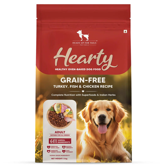 Hearty by HUFT Oven-Baked Adult Dog Dry Food - 5 kg | Grain Free | Turkey, Fish & Chicken Recipe with Superfoods | Complete & Balanced Dog Food for All Breeds Heads Up For Tails