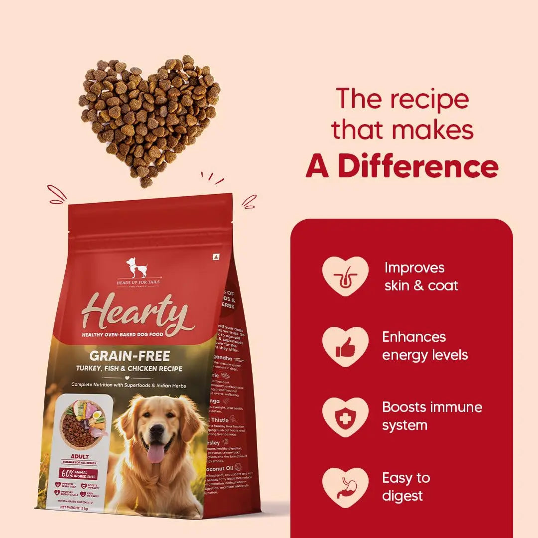 Hearty by HUFT Oven-Baked Adult Dog Dry Food - 5 kg | Grain Free | Turkey, Fish & Chicken Recipe with Superfoods | Complete & Balanced Dog Food for All Breeds Heads Up For Tails