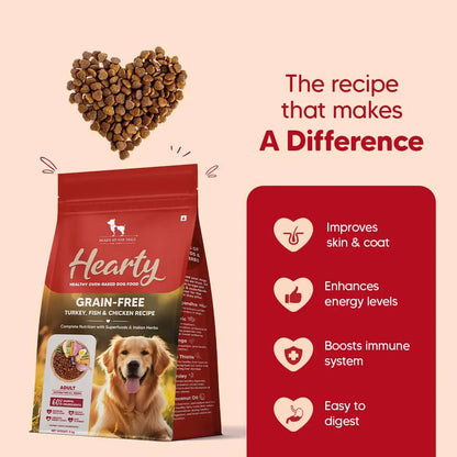 Hearty by HUFT Oven-Baked Adult Dog Dry Food - 5 kg | Grain Free | Turkey, Fish & Chicken Recipe with Superfoods | Complete & Balanced Dog Food for All Breeds Heads Up For Tails