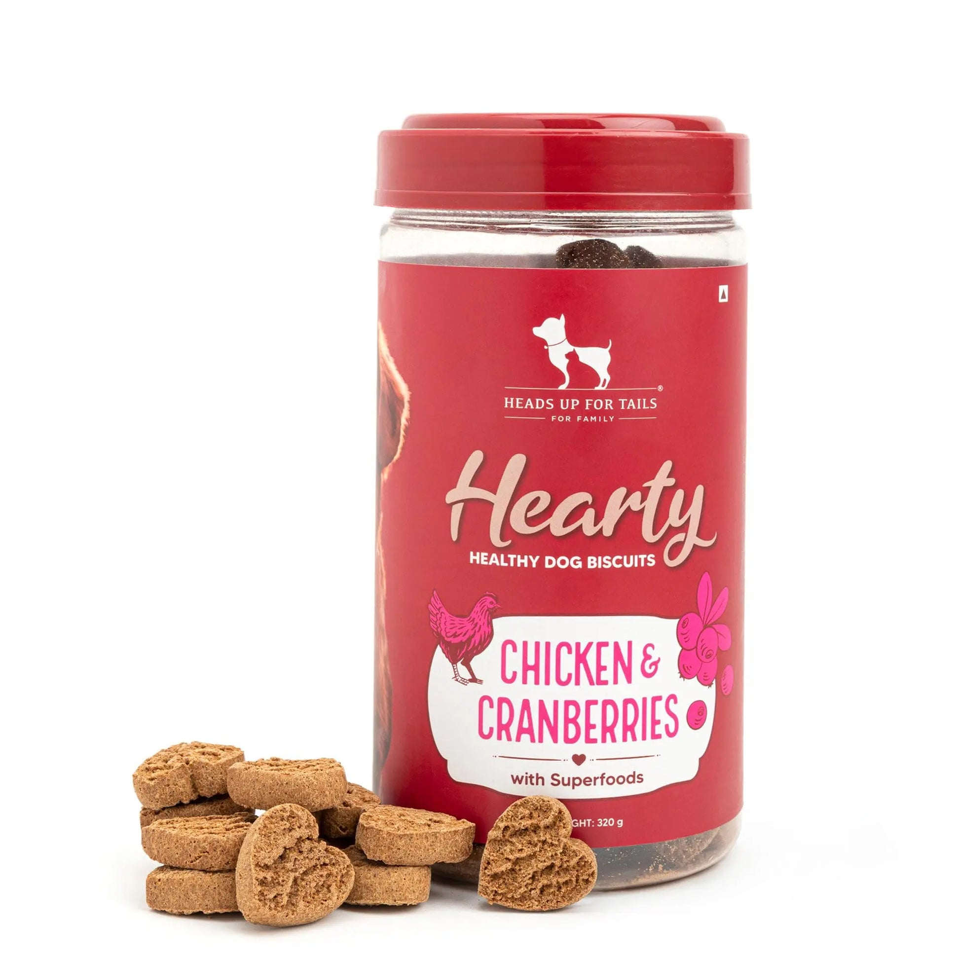 Hearty by Heads Up for Tails - Chicken & Cranberries Dog Biscuits for Adult Dogs & Puppies | Chicken Biscuits, Protein-Rich & Gluten-Free | No Artificial Preservatives | 320 gm Heads Up For Tails