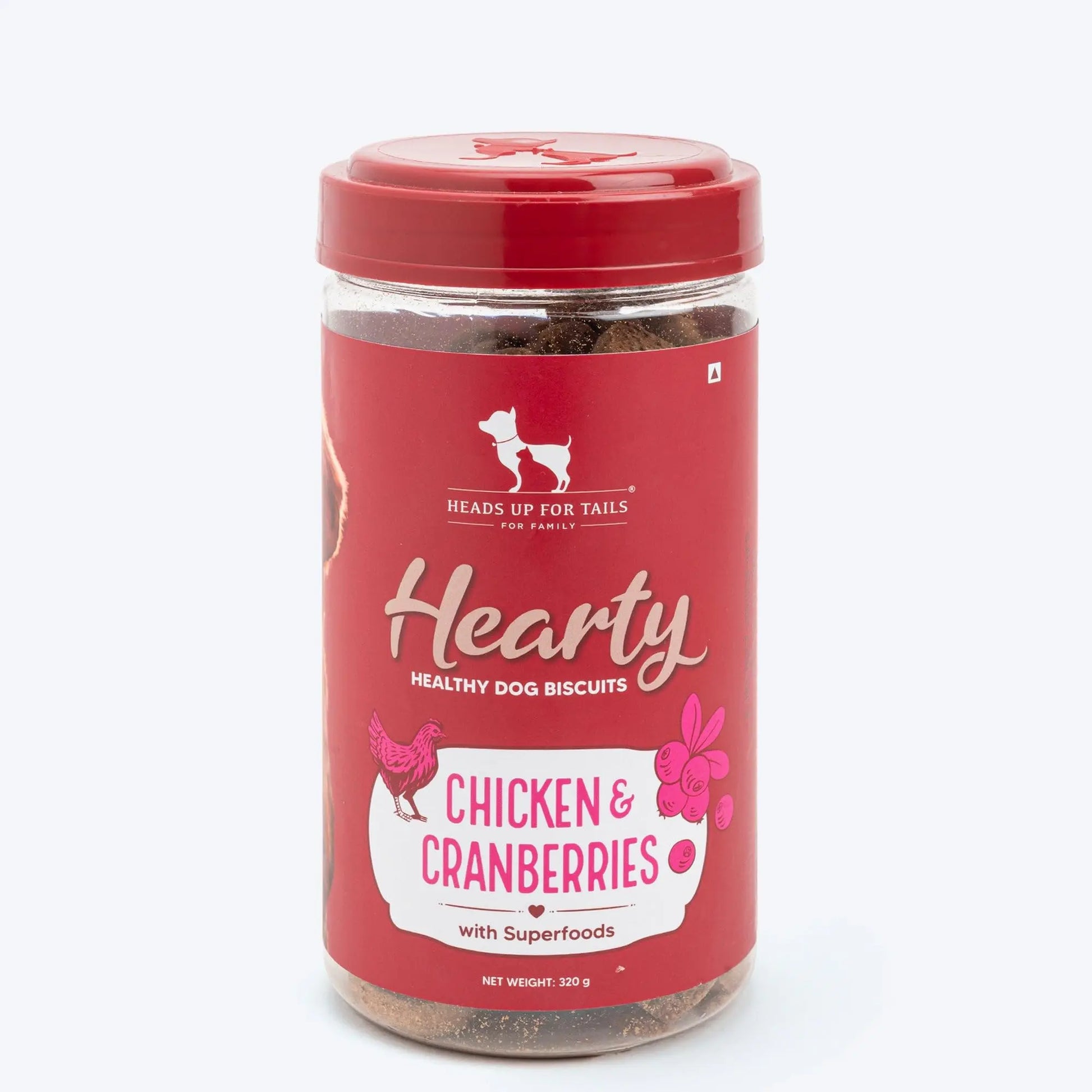 Hearty by Heads Up for Tails - Chicken & Cranberries Dog Biscuits for Adult Dogs & Puppies | Chicken Biscuits, Protein-Rich & Gluten-Free | No Artificial Preservatives | 320 gm Heads Up For Tails