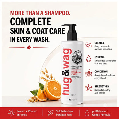 Hug & Wag 4-in-1 Essential Care Dog Shampoo | Science-Based Formula with Glycolic Acid, Niacinamide & Oat Protein | Deep Cleansing, Moisturizing & Skin Barrier Support | 225ml (Pack of 1) Hug n Wag