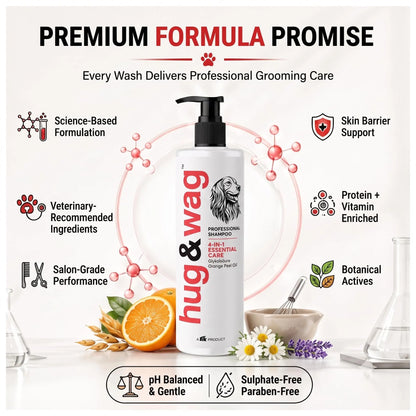 Hug & Wag 4-in-1 Essential Care Dog Shampoo | Science-Based Formula with Glycolic Acid, Niacinamide & Oat Protein | Deep Cleansing, Moisturizing & Skin Barrier Support | 450ml (Pack of 1) Hug n Wag