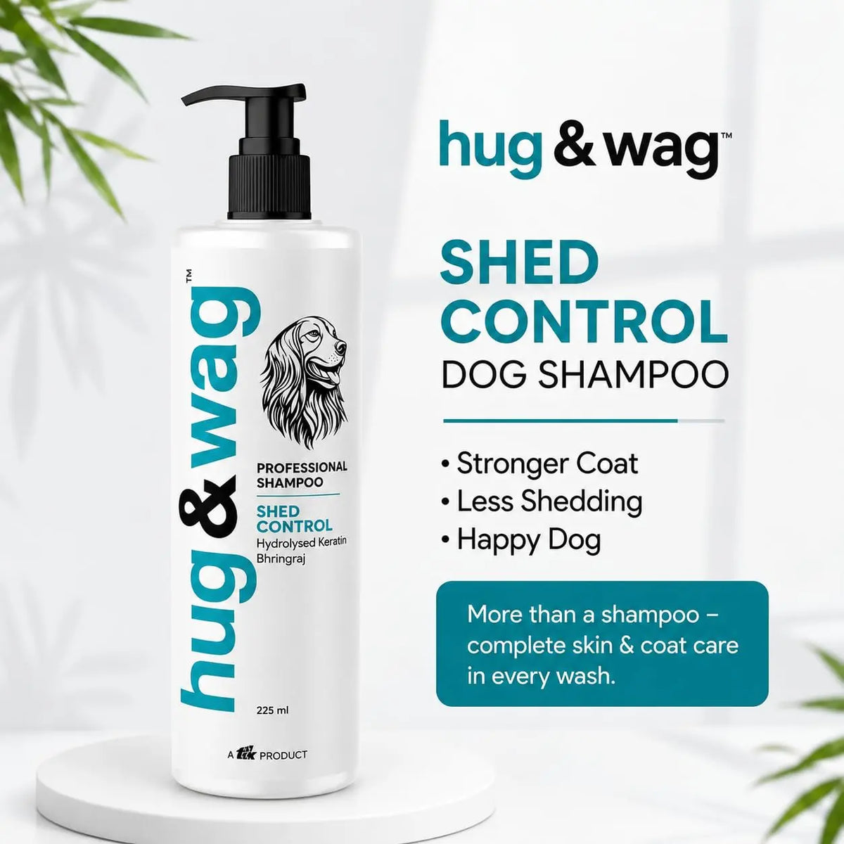Hug & Wag Shed Control Dog Shampoo | Bhringraj-Powered Care for Reduced Hairfall | Strengthens Roots | Relieves Itchiness | with Wheat Germ Oil, Argan Oil & Aloe Vera | 225ml | Pack of 1 Hug n Wag