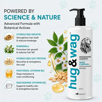 Hug & Wag Shed Control Dog Shampoo | Bhringraj-Powered Care for Reduced Hairfall | Strengthens Roots | Relieves Itchiness | with Wheat Germ Oil, Argan Oil & Aloe Vera | 225ml | Pack of 1 Hug n Wag
