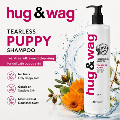 Hug & Wag Tearless Shihtzu & Puppy Shampoo | Baby-Grade Ultra-Mild Formula with Calendula & Olive Oil | 100% Sting-Free & Hypoallergenic for Sensitive Developing Skin of Dog | 225ml | Pack of 1 Hug n Wag