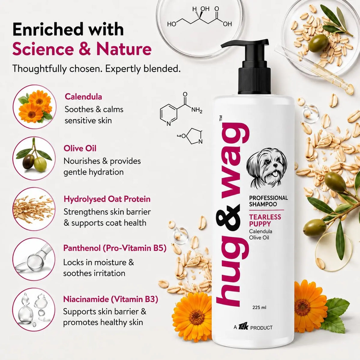 Hug & Wag Tearless Shihtzu & Puppy Shampoo | Baby-Grade Ultra-Mild Formula with Calendula & Olive Oil | 100% Sting-Free & Hypoallergenic for Sensitive Developing Skin of Dog | 225ml | Pack of 1 Hug n Wag