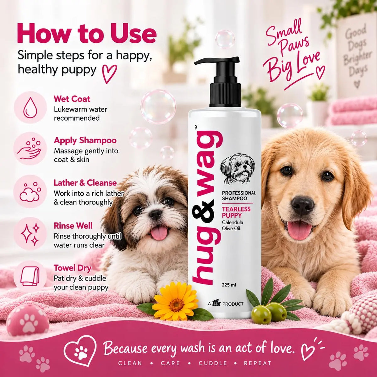 Hug & Wag Tearless Shihtzu & Puppy Shampoo | Baby-Grade Ultra-Mild Formula with Calendula & Olive Oil | 100% Sting-Free & Hypoallergenic for Sensitive Developing Skin of Dog | 225ml | Pack of 1 Hug n Wag