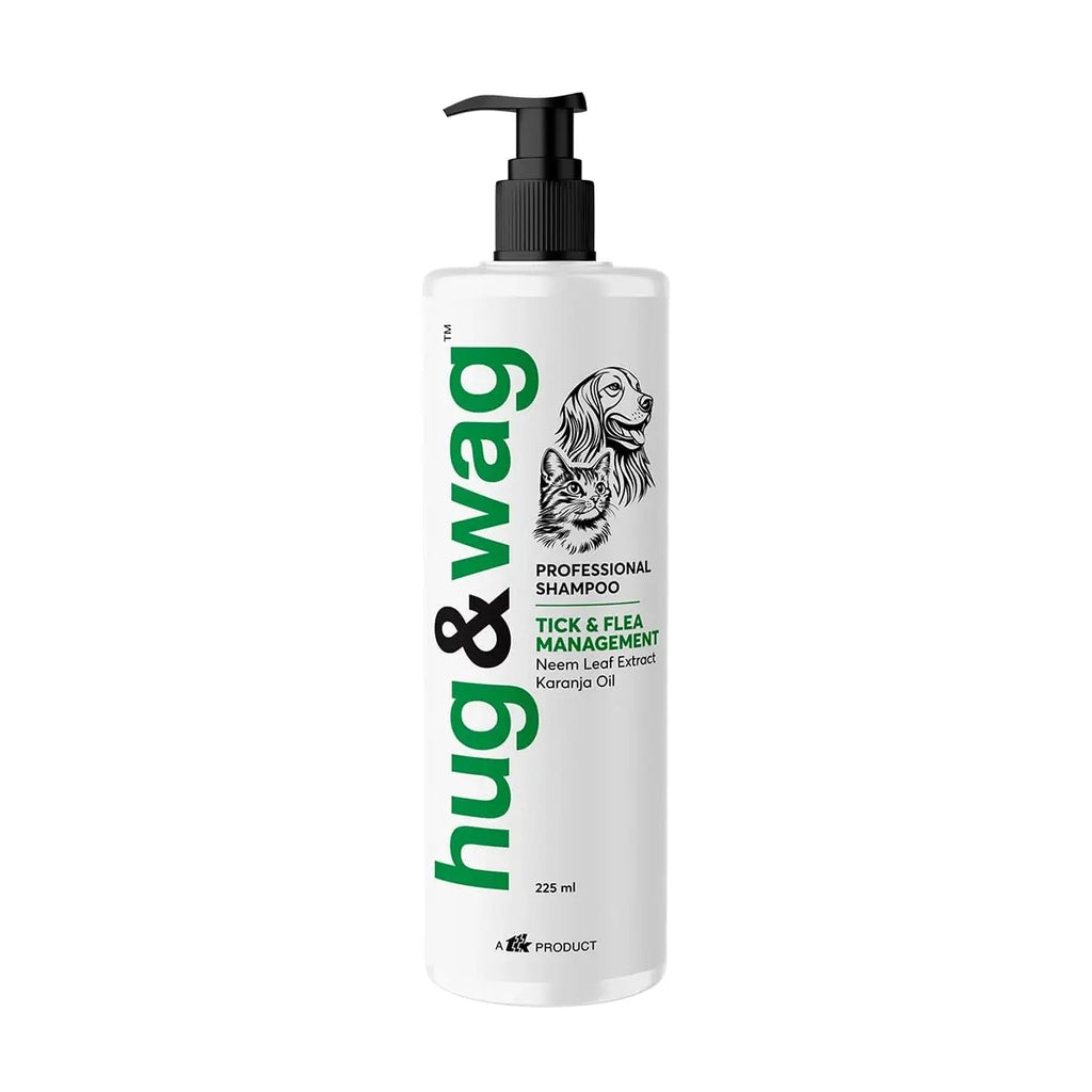 Hug & Wag Tick & Flea Dog Shampoo | Neem, Tulsi & Karanja | Power of Natural Repellent for Ticks, Fleas & Lice in Dogs | Soothes & Heals Irritated Skin | 225ml | Pack of 1 Hug n Wag