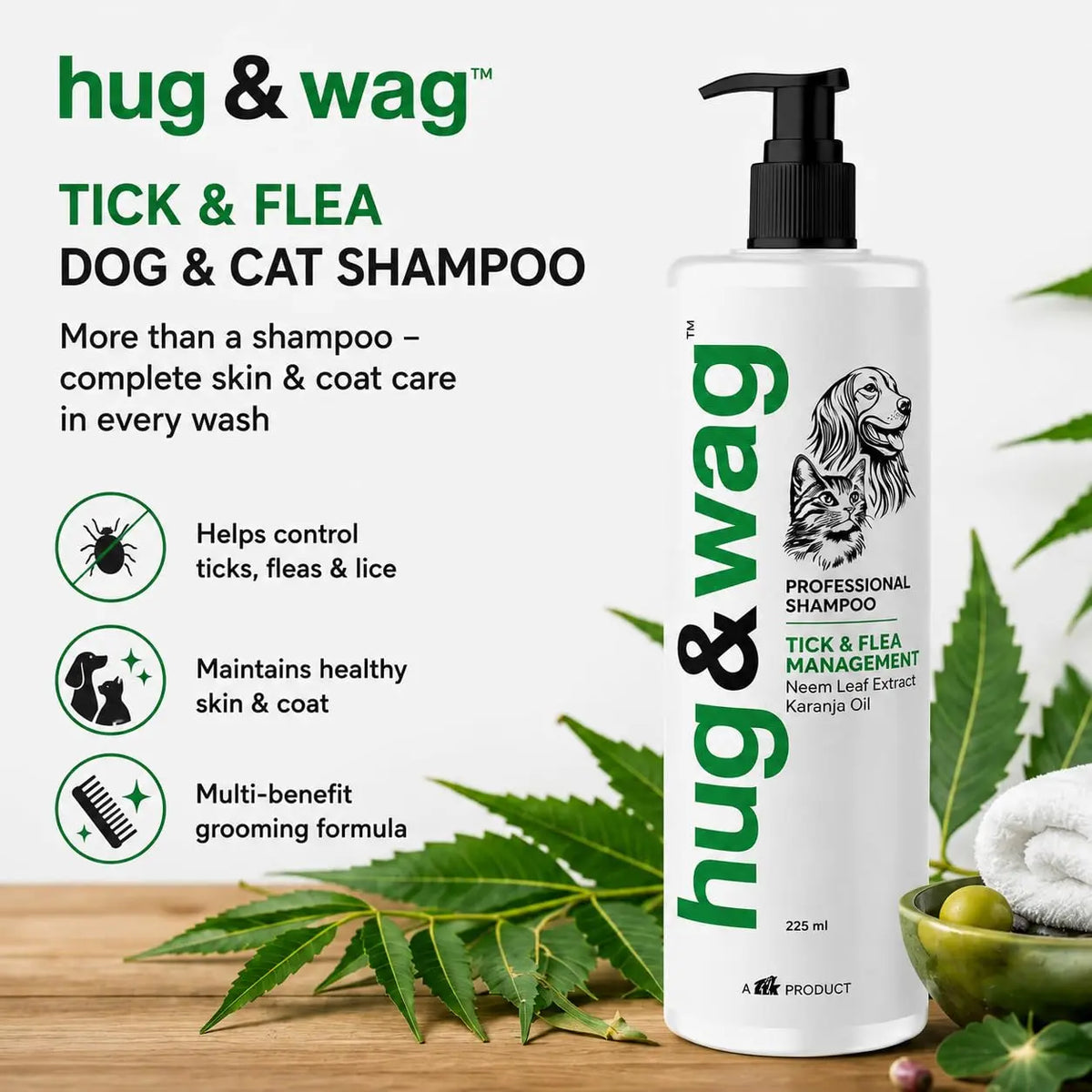Hug & Wag Tick & Flea Dog Shampoo | Neem, Tulsi & Karanja | Power of Natural Repellent for Ticks, Fleas & Lice in Dogs | Soothes & Heals Irritated Skin | 225ml | Pack of 1 Hug n Wag