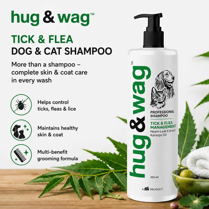 Hug & Wag Tick & Flea Dog Shampoo | Neem, Tulsi & Karanja | Power of Natural Repellent for Ticks, Fleas & Lice in Dogs | Soothes & Heals Irritated Skin | 225ml | Pack of 1 Hug n Wag
