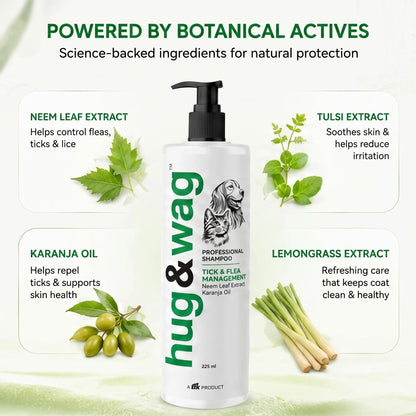 Hug & Wag Tick & Flea Dog Shampoo | Neem, Tulsi & Karanja | Power of Natural Repellent for Ticks, Fleas & Lice in Dogs | Soothes & Heals Irritated Skin | 225ml | Pack of 1 Hug n Wag