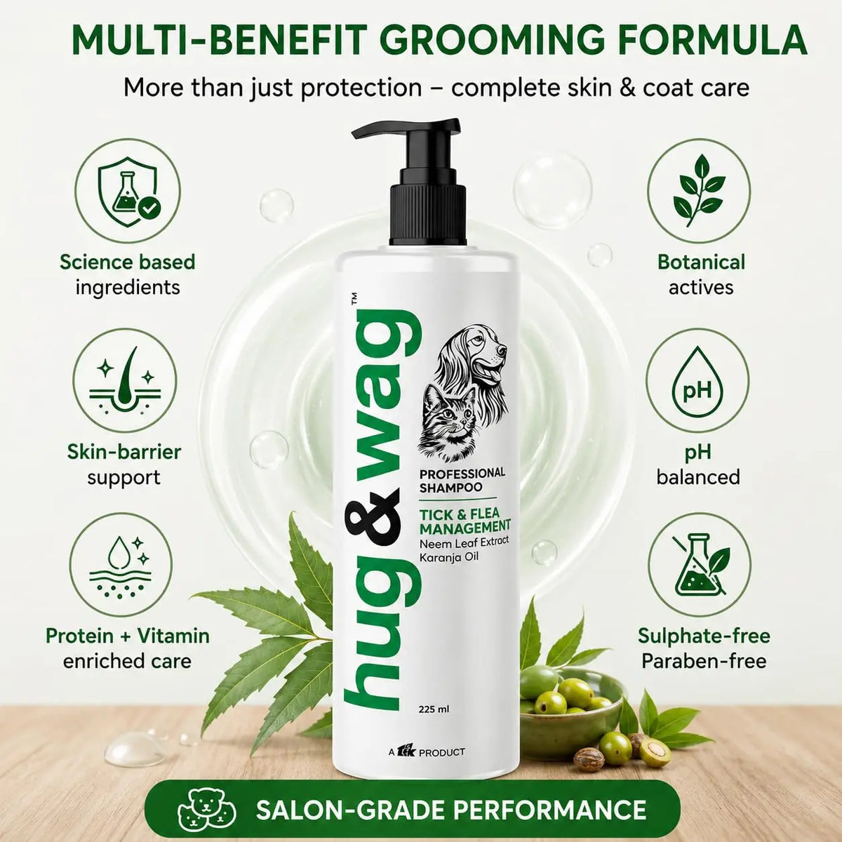 Hug & Wag Tick & Flea Dog Shampoo | Neem, Tulsi & Karanja | Power of Natural Repellent for Ticks, Fleas & Lice in Dogs | Soothes & Heals Irritated Skin | 225ml | Pack of 1 Hug n Wag