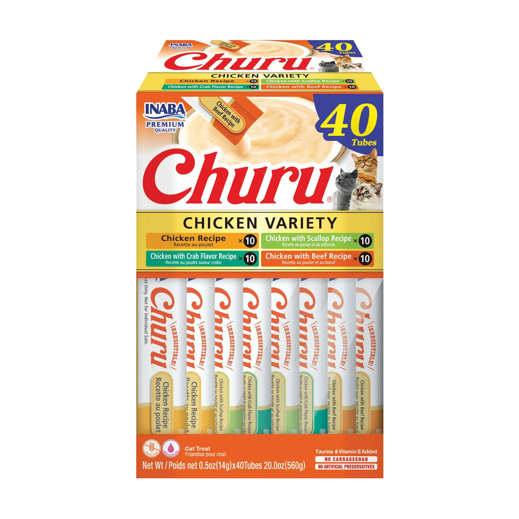INABA Churu Cat Treats, Grain-Free, Lickable, Squeezable Creamy Purée Cat Treat/Topper with Vitamin E & Taurine, 0.5 Ounces Each Tube, 40 Tubes, Chicken Variety Box INABA