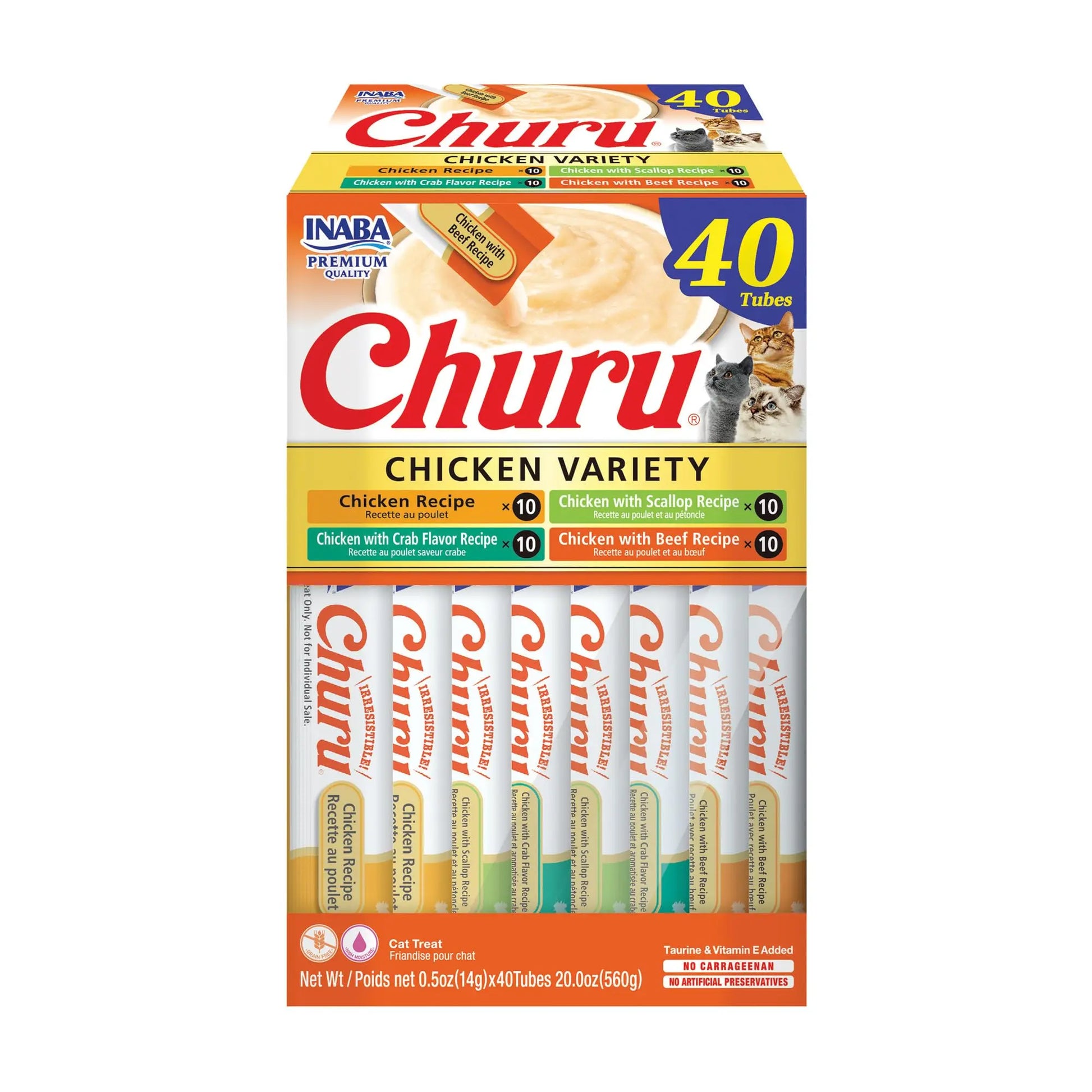INABA Churu Cat Treats, Grain-Free, Lickable, Squeezable Creamy Purée Cat Treat/Topper with Vitamin E & Taurine, 0.5 Ounces Each Tube, 40 Tubes, Chicken Variety Box INABA