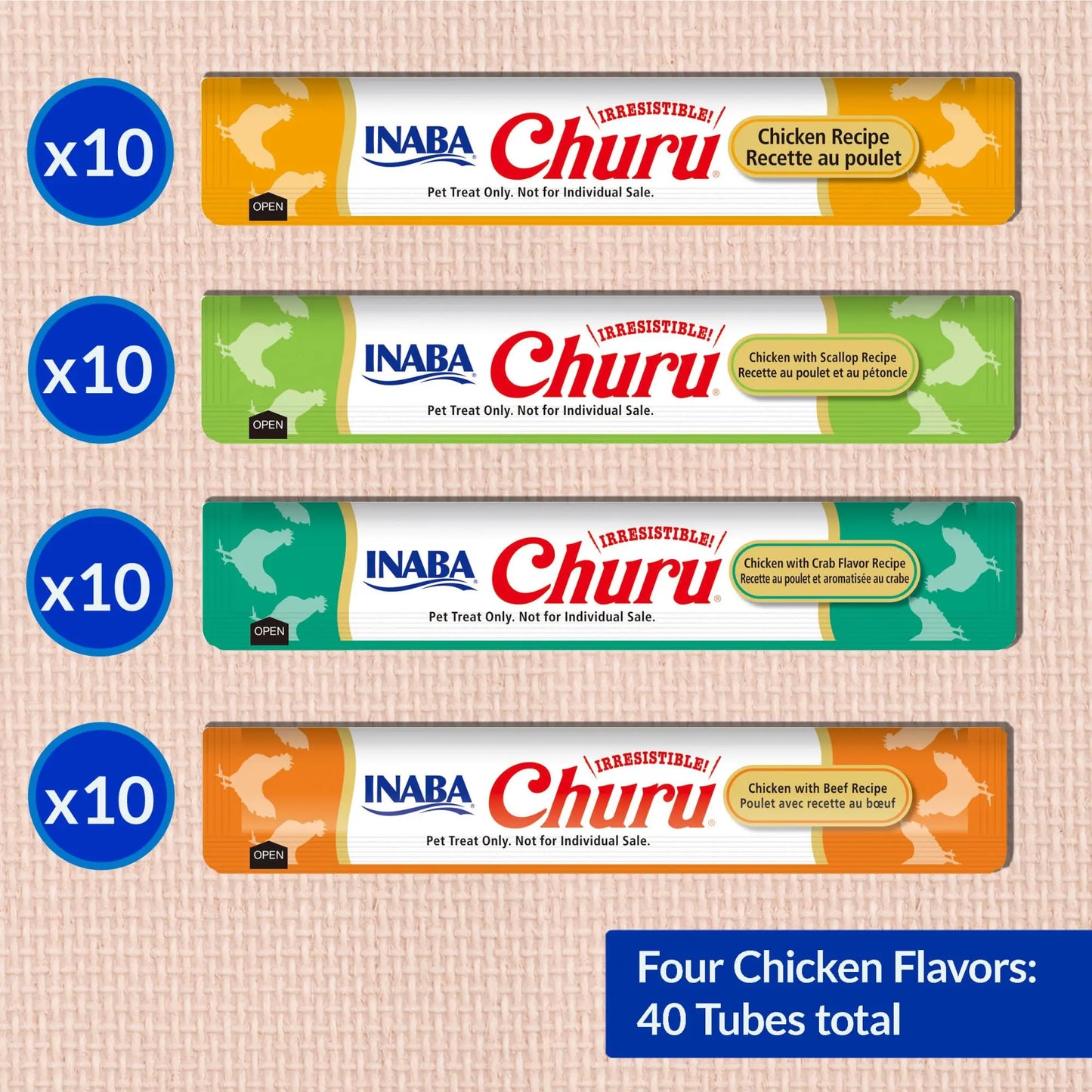 INABA Churu Cat Treats, Grain-Free, Lickable, Squeezable Creamy Purée Cat Treat/Topper with Vitamin E & Taurine, 0.5 Ounces Each Tube, 40 Tubes, Chicken Variety Box INABA