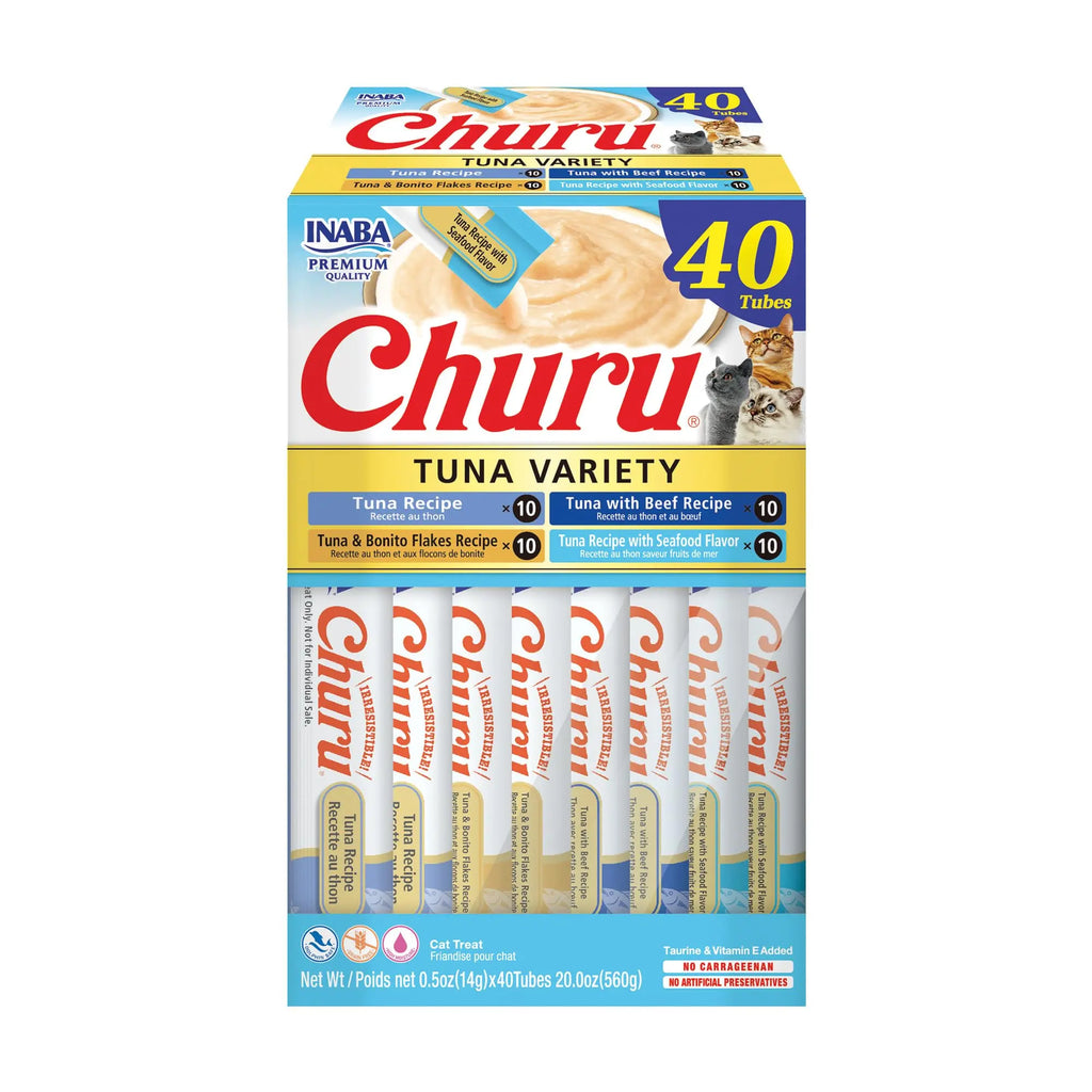 INABA Churu Cat Treats, Grain-Free, Lickable, Squeezable Creamy Purée Cat Treat/Topper with Vitamin E & Taurine, 0.5 Ounces Each Tube, 40 Tubes, Tuna Variety Box INABA