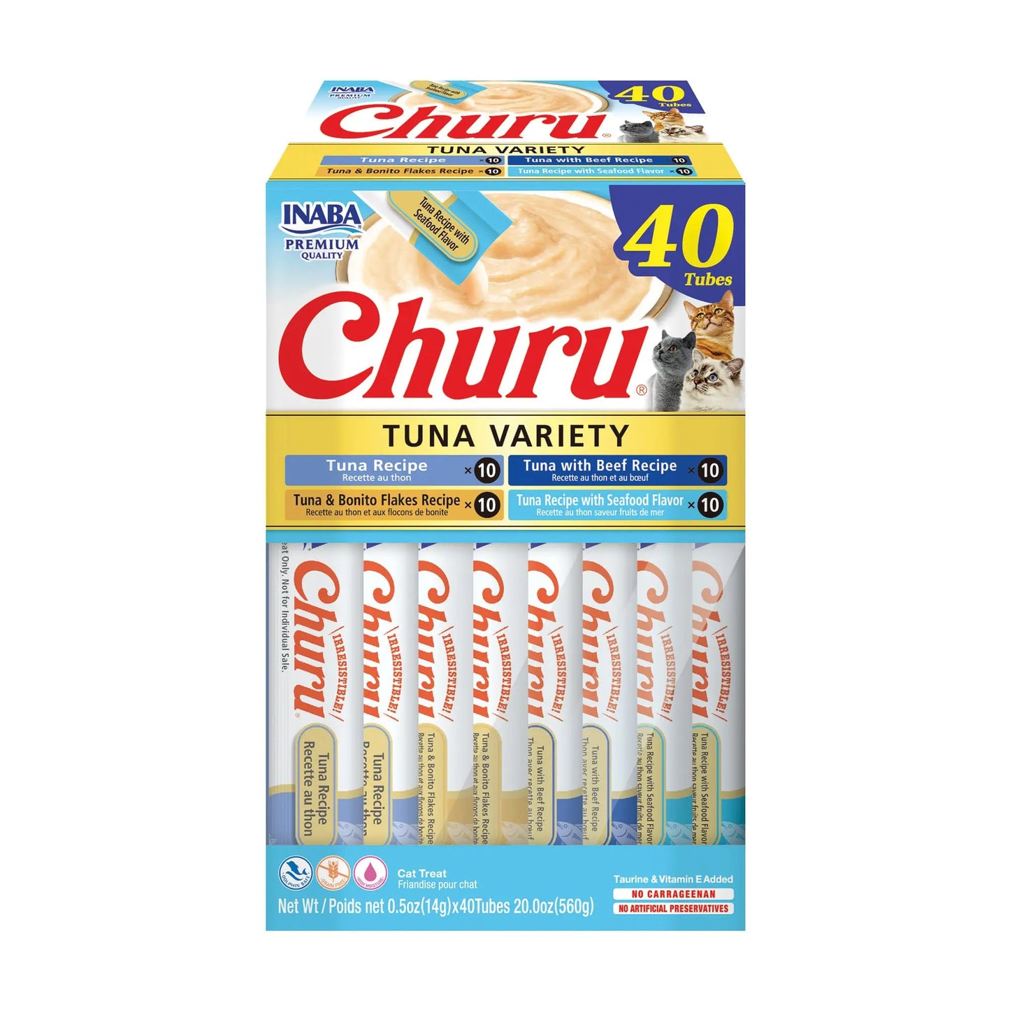 INABA Churu Cat Treats, Grain-Free, Lickable, Squeezable Creamy Purée Cat Treat/Topper with Vitamin E & Taurine, 0.5 Ounces Each Tube, 40 Tubes, Tuna Variety Box INABA