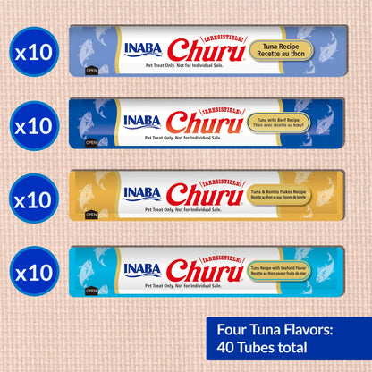 INABA Churu Cat Treats, Grain-Free, Lickable, Squeezable Creamy Purée Cat Treat/Topper with Vitamin E & Taurine, 0.5 Ounces Each Tube, 40 Tubes, Tuna Variety Box INABA