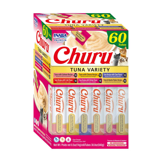 INABA Churu Cat Treats, Grain-Free, Lickable, Squeezable Creamy Purée Cat Treat/Topper with Vitamin E & Taurine, 0.5 Ounces Each Tube, 60 Tubes, Tuna Variety Box INABA