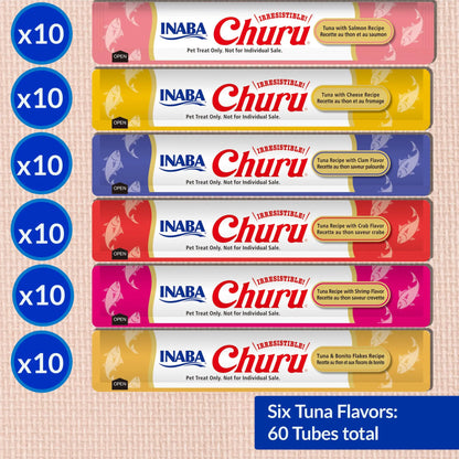 INABA Churu Cat Treats, Grain-Free, Lickable, Squeezable Creamy Purée Cat Treat/Topper with Vitamin E & Taurine, 0.5 Ounces Each Tube, 60 Tubes, Tuna Variety Box INABA