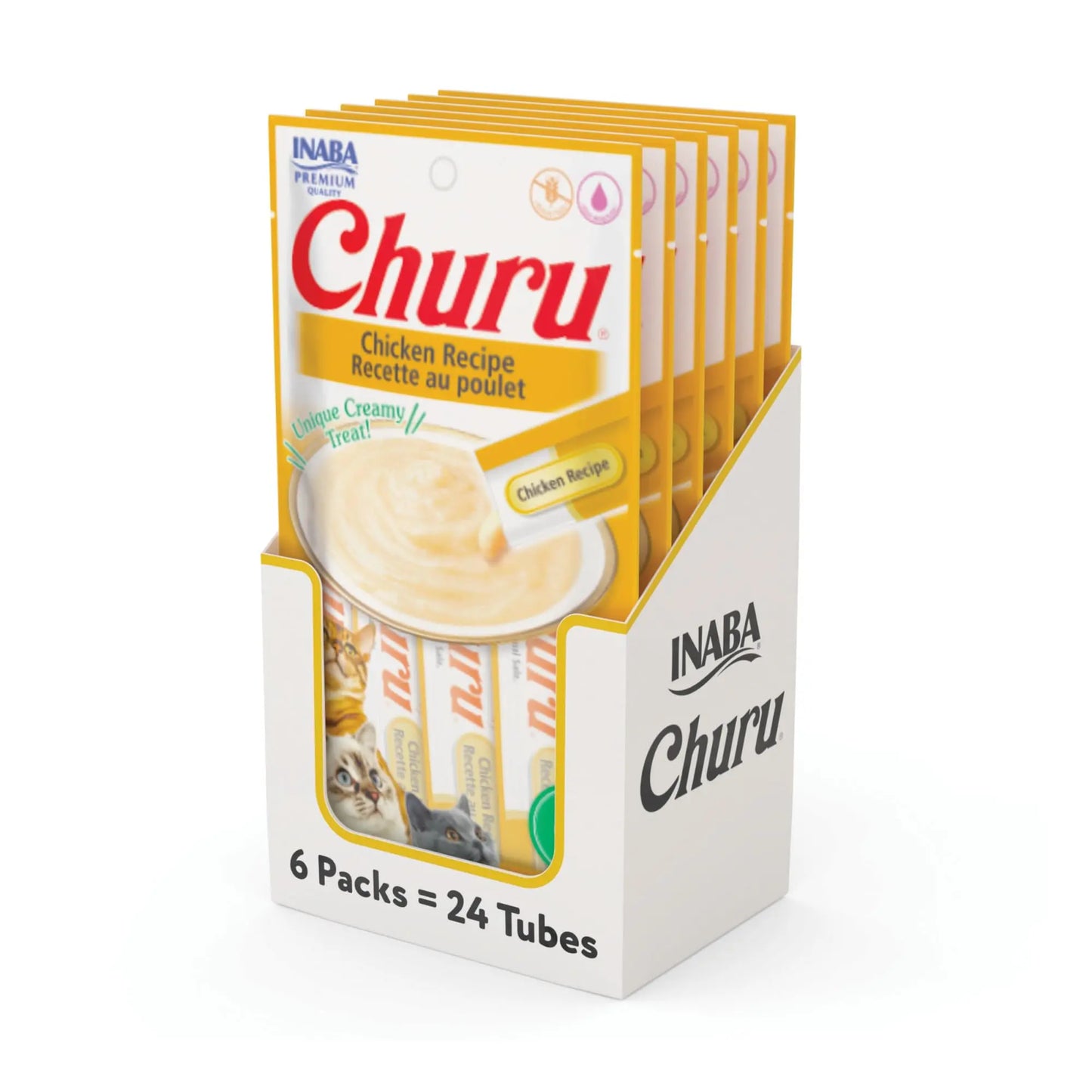 INABA Churu Cat Treats, Grain-Free, Lickable, Squeezable Creamy Purée Cat Treat/Topper with Vitamin E & Taurine, Chicken Recipe, (Pack of 6), All Life Stages INABA
