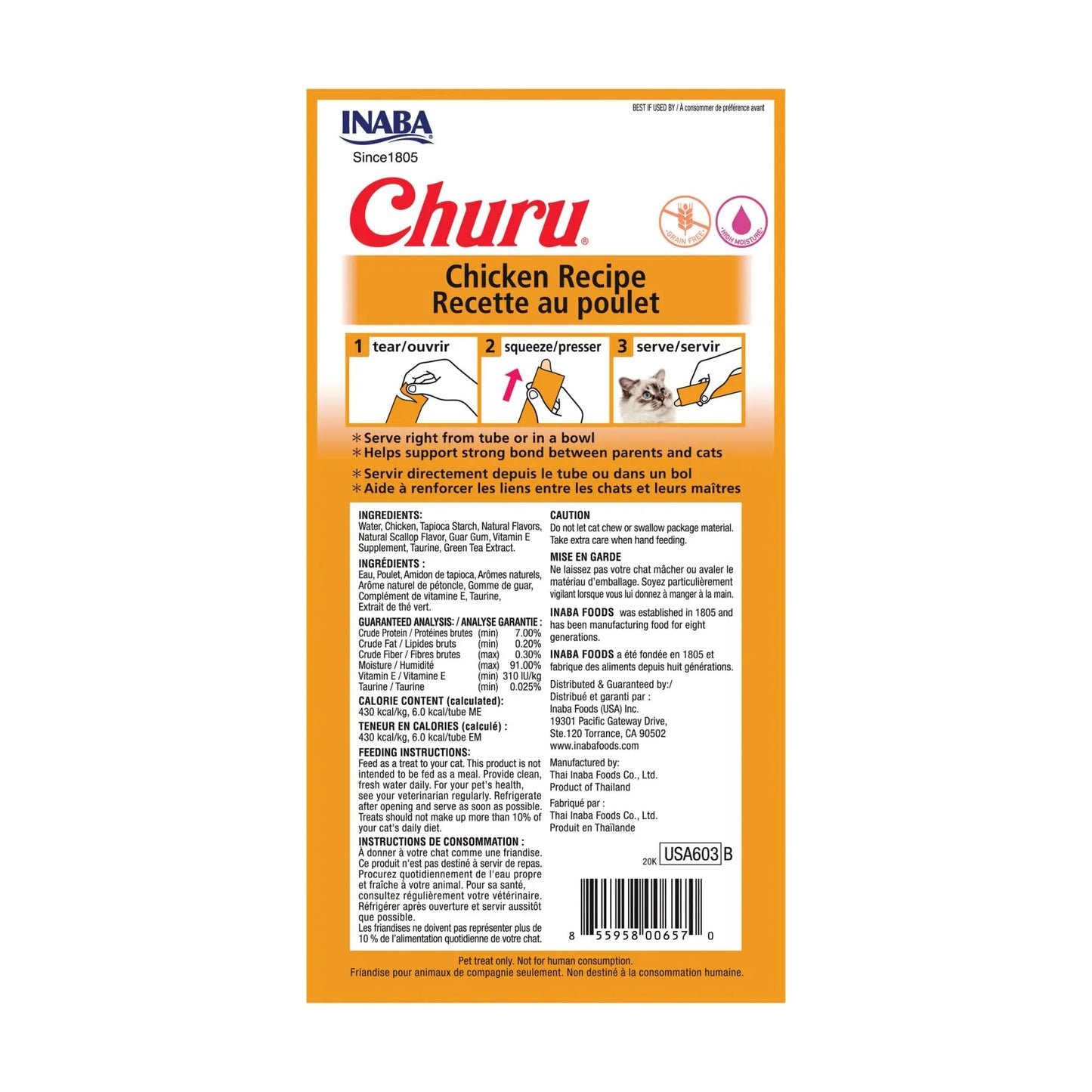 INABA Churu Cat Treats, Grain-Free, Lickable, Squeezable Creamy Purée Cat Treat/Topper with Vitamin E & Taurine, Chicken Recipe, (Pack of 6), All Life Stages INABA