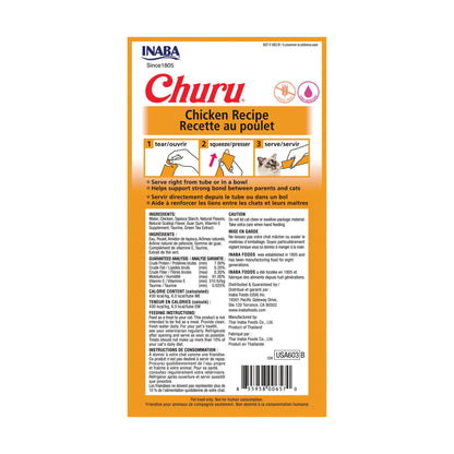 INABA Churu Cat Treats, Grain-Free, Lickable, Squeezable Creamy Purée Cat Treat/Topper with Vitamin E & Taurine, Chicken Recipe, (Pack of 6), All Life Stages INABA
