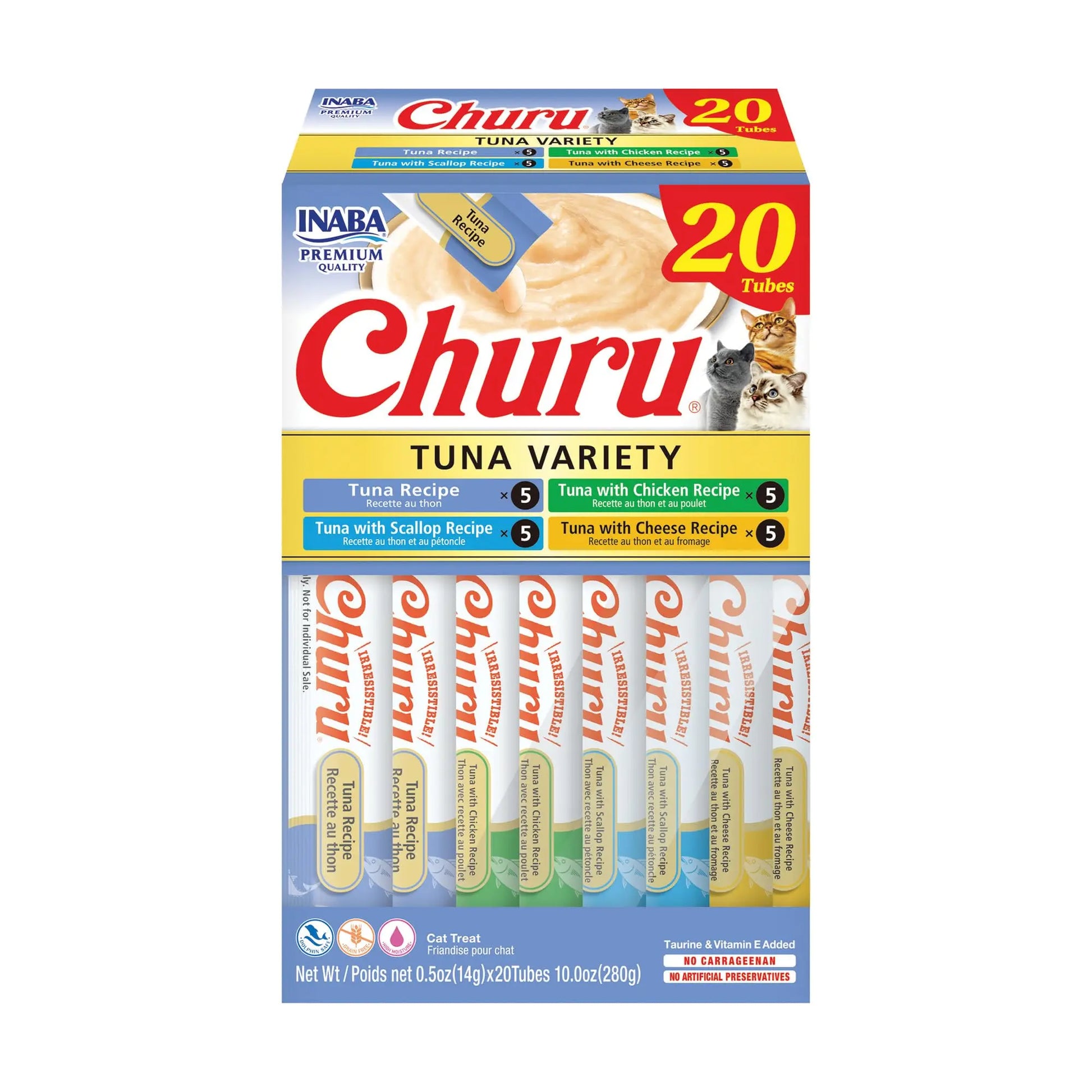 INABA Churu Cat Treats, Grain-free, Lickable Squeezable Cream Purée Cat Treat/Topper with Vitamin E and Taurine, 20 Tubes, Tuna Variety Box INABA