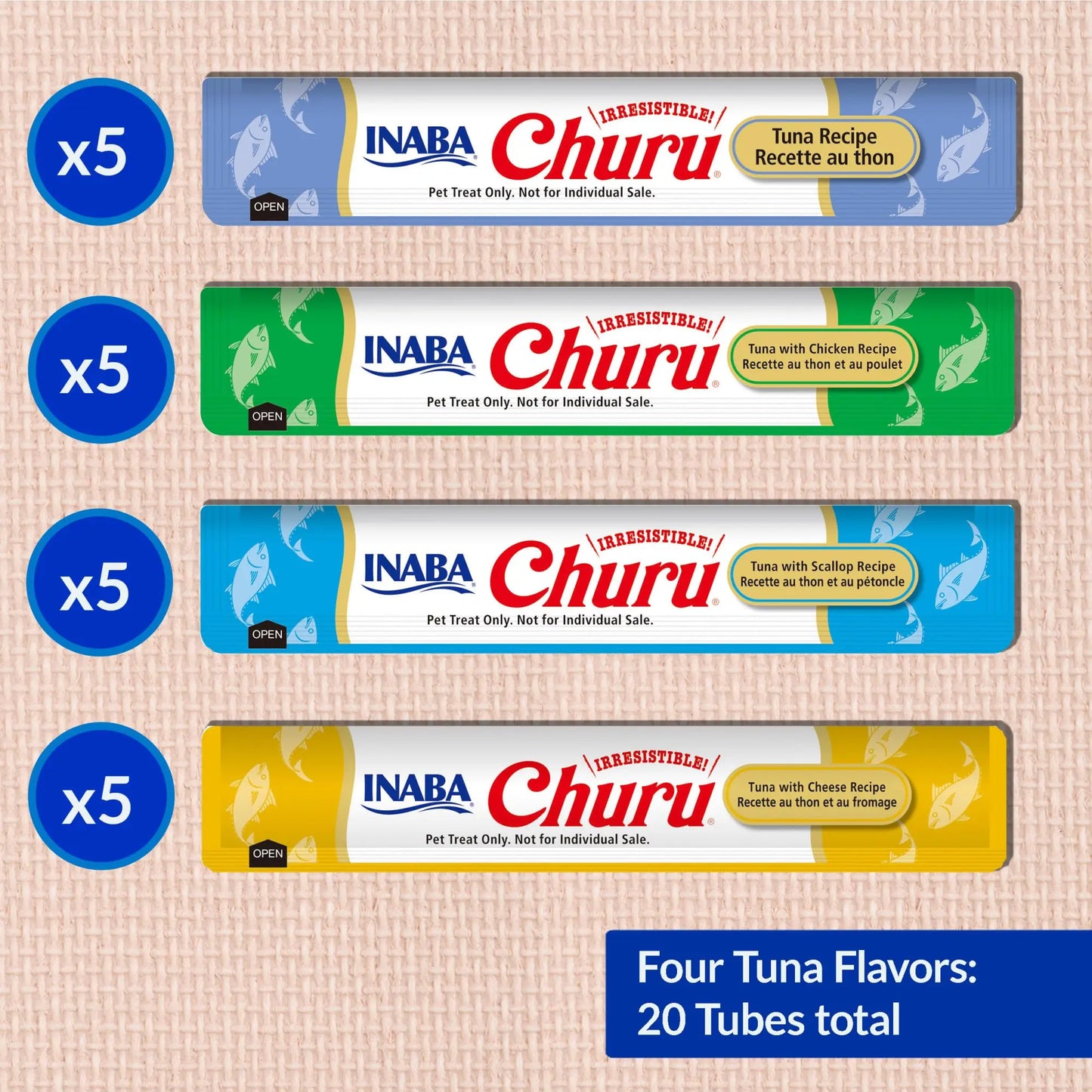 INABA Churu Cat Treats, Grain-free, Lickable Squeezable Cream Purée Cat Treat/Topper with Vitamin E and Taurine, 20 Tubes, Tuna Variety Box INABA