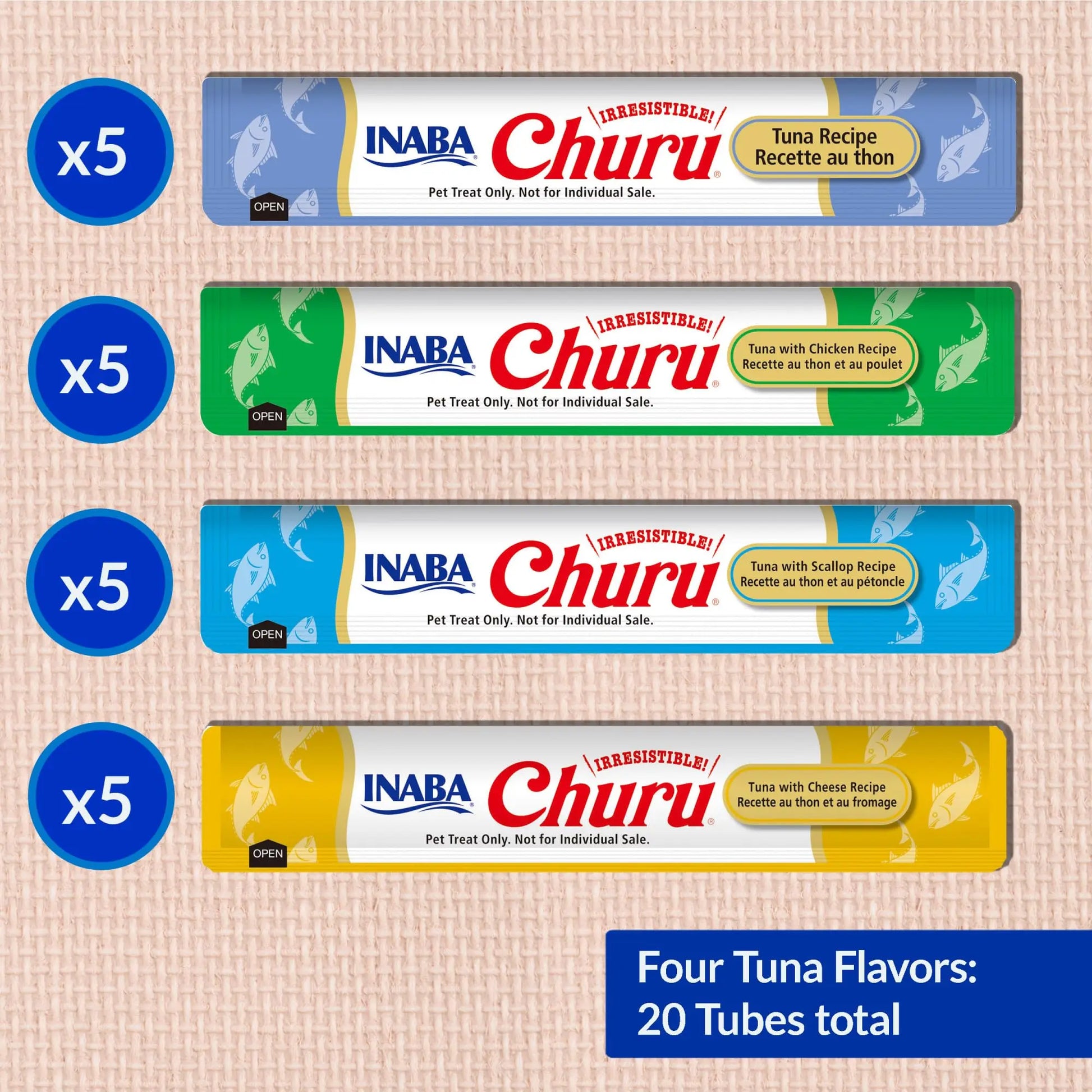 INABA Churu Cat Treats, Grain-free, Lickable Squeezable Cream Purée Cat Treat/Topper with Vitamin E and Taurine, 20 Tubes, Tuna Variety Box INABA