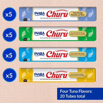 INABA Churu Cat Treats, Grain-free, Lickable Squeezable Cream Purée Cat Treat/Topper with Vitamin E and Taurine, 20 Tubes, Tuna Variety Box INABA