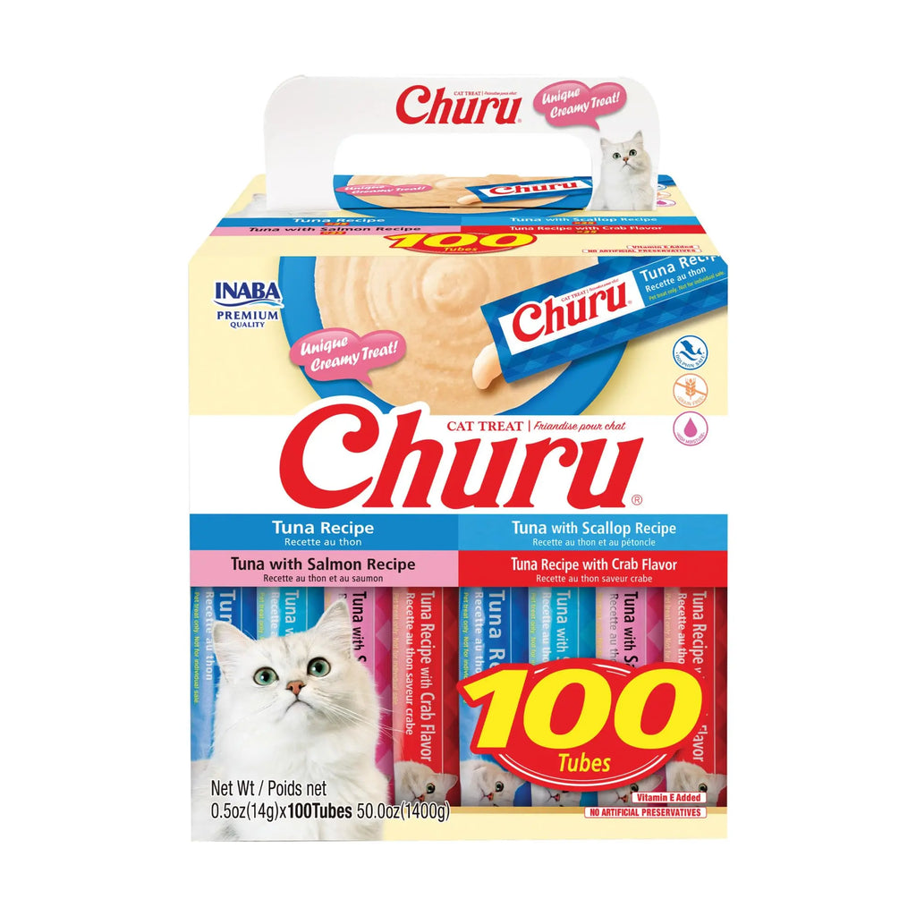 INABA Churu Cat Treats, Lickable, Squeezable Creamy Purée with Vitamin E, 0.5 Ounces per Tube, 100 Tubes Total, Tuna Variety INABA