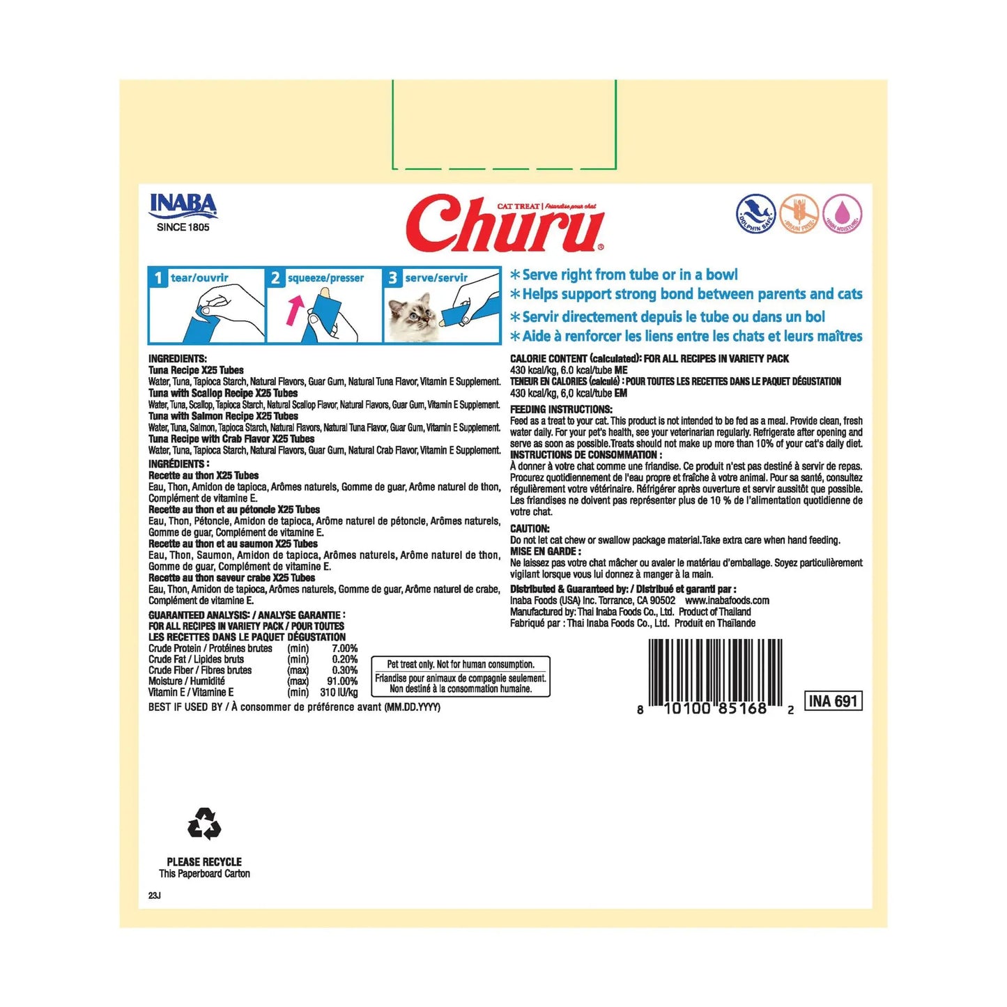 INABA Churu Cat Treats, Lickable, Squeezable Creamy Purée with Vitamin E, 0.5 Ounces per Tube, 100 Tubes Total, Tuna Variety INABA